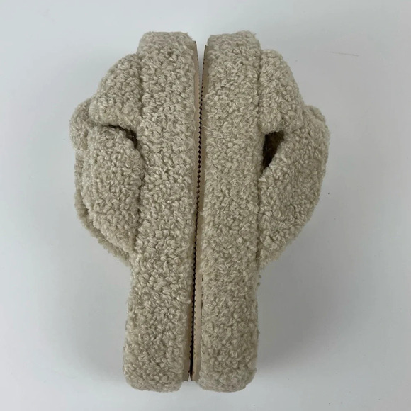 Abercrombie & Fitch Slippers Women Size 10 Beige Fuzzy Slip On Open Toe Platform - Picture 3 of 10